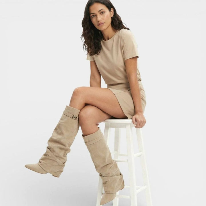 Women's Ruched Knee-High Slouch Boots Pointed Toe Low Heel