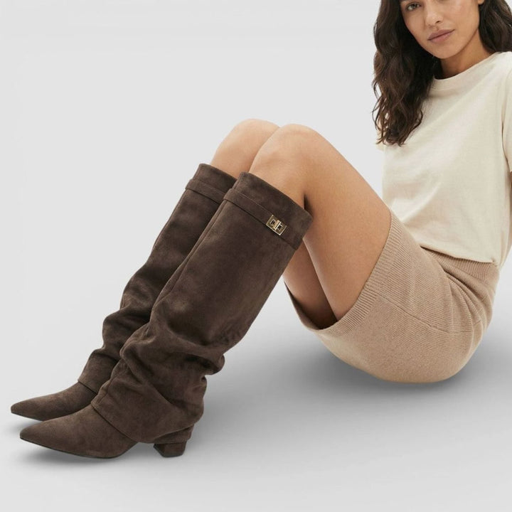 Women's Ruched Knee-High Slouch Boots Pointed Toe Low Heel