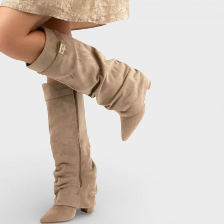 Women's Ruched Knee-High Slouch Boots Pointed Toe Low Heel