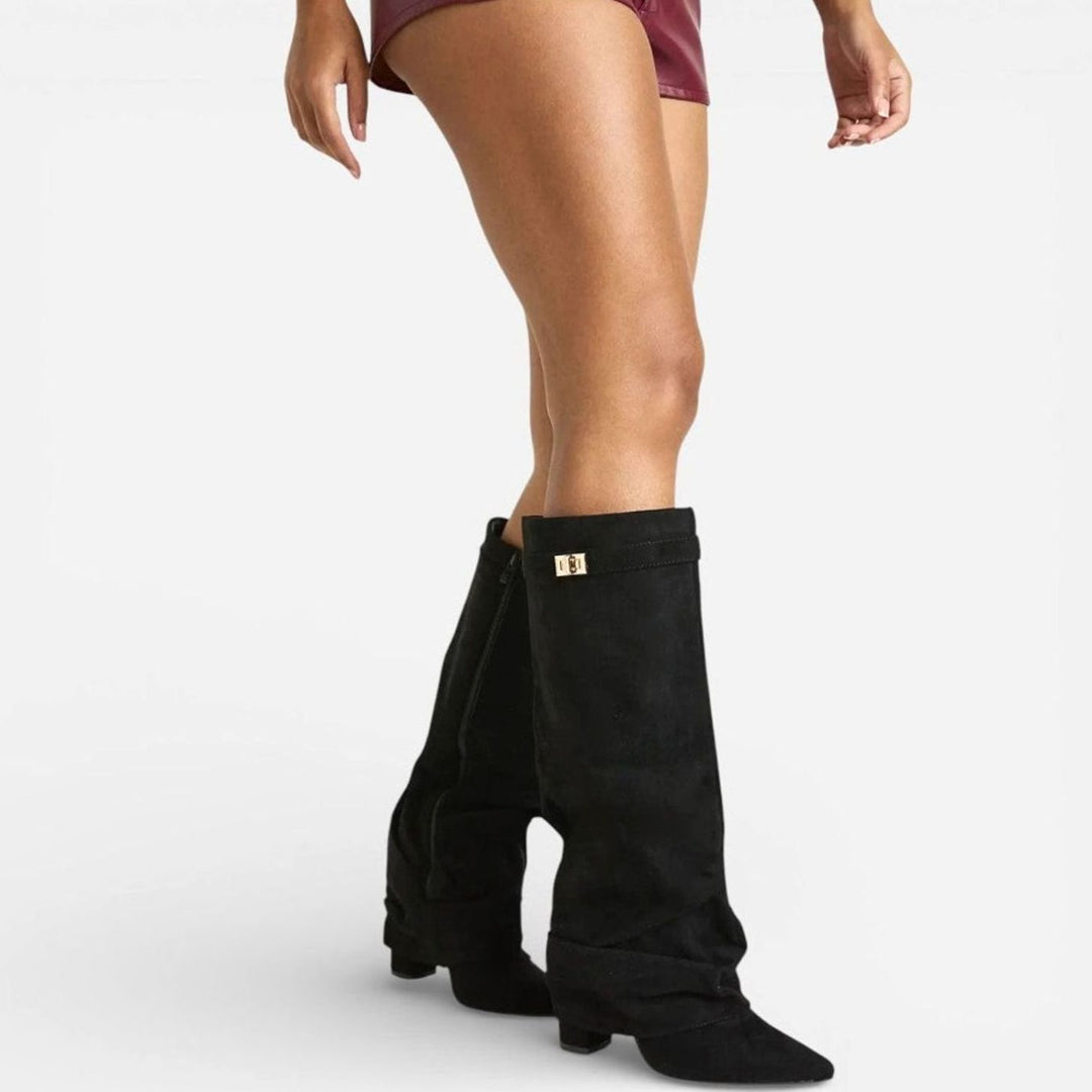 Women's Ruched Knee-High Slouch Boots Pointed Toe Low Heel