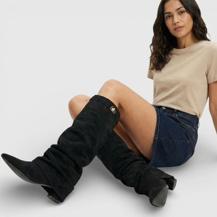 Women's Ruched Knee-High Slouch Boots Pointed Toe Low Heel