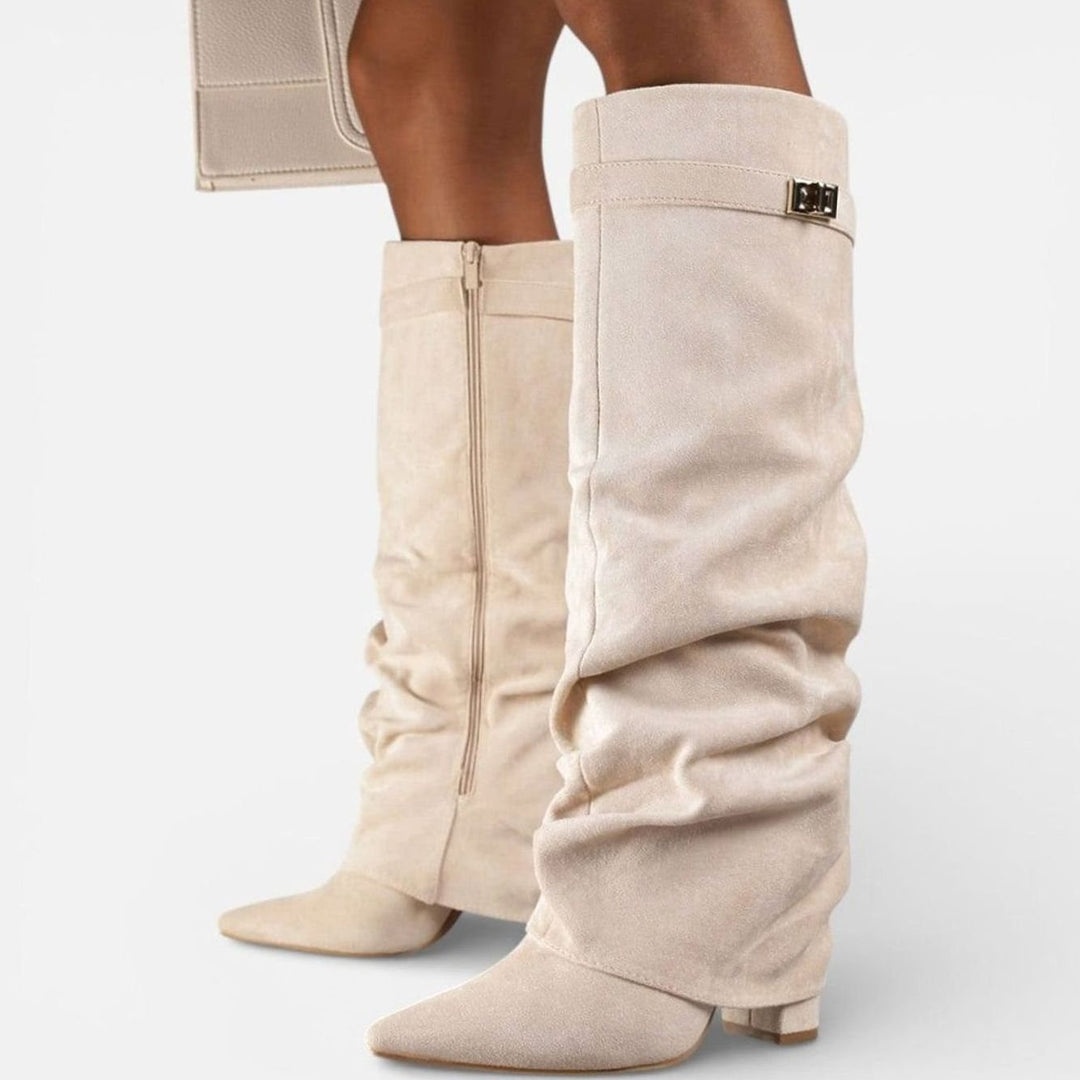 Women's Ruched Knee-High Slouch Boots Pointed Toe Low Heel
