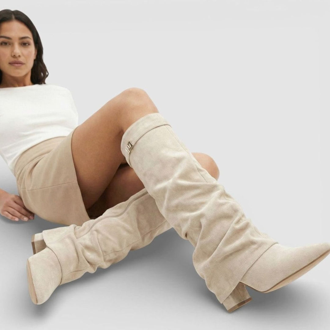 Women's Ruched Knee-High Slouch Boots Pointed Toe Low Heel