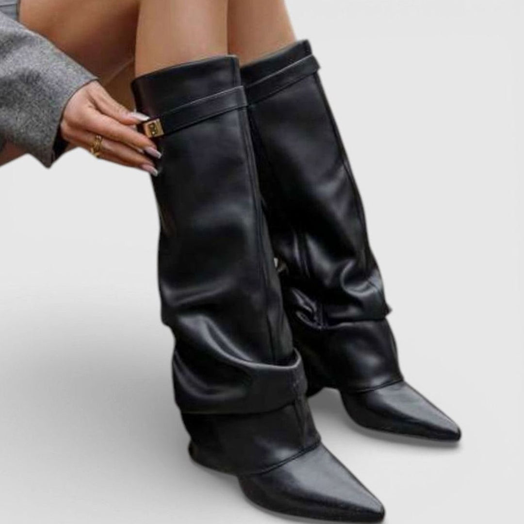 Women's Ruched Knee-High Slouch Boots Pointed Toe Low Heel