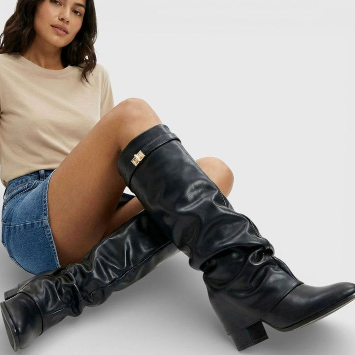Women's Ruched Knee-High Slouch Boots Pointed Toe Low Heel