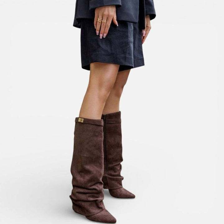 Women's Ruched Knee-High Slouch Boots Pointed Toe Low Heel