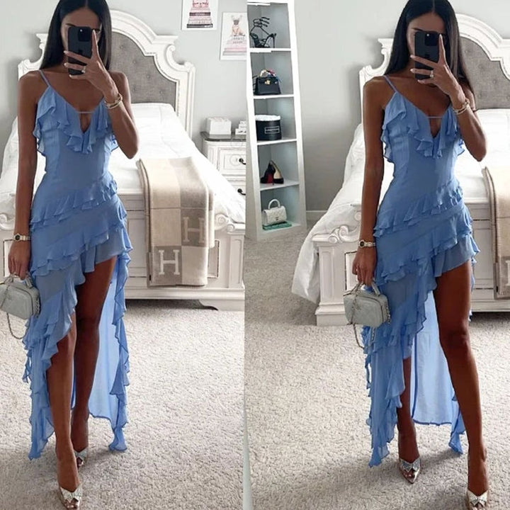 Women's Ruffle Asymmetric Hem Spaghetti Strap Party Dress