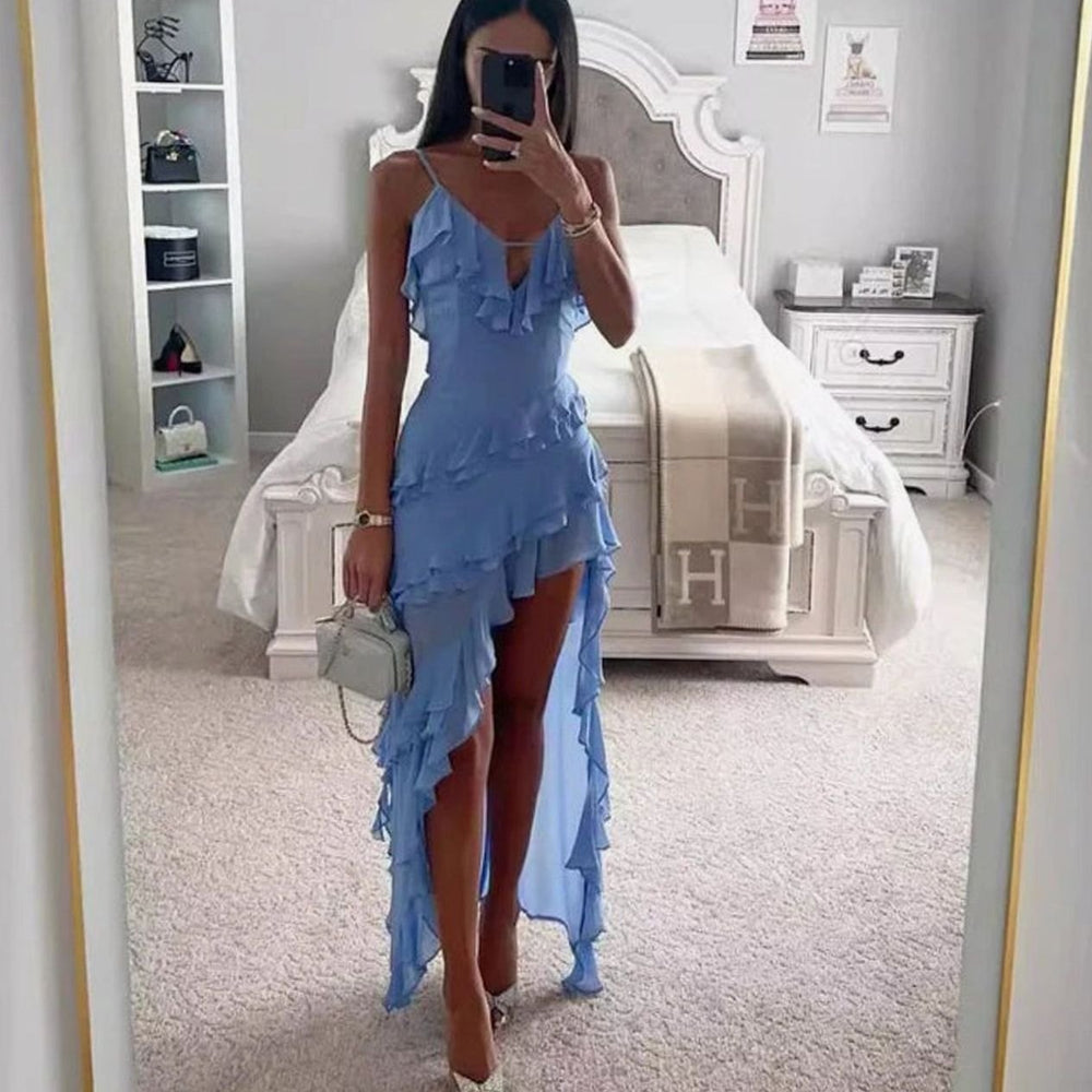 Women's Ruffle Asymmetric Hem Spaghetti Strap Party Dress
