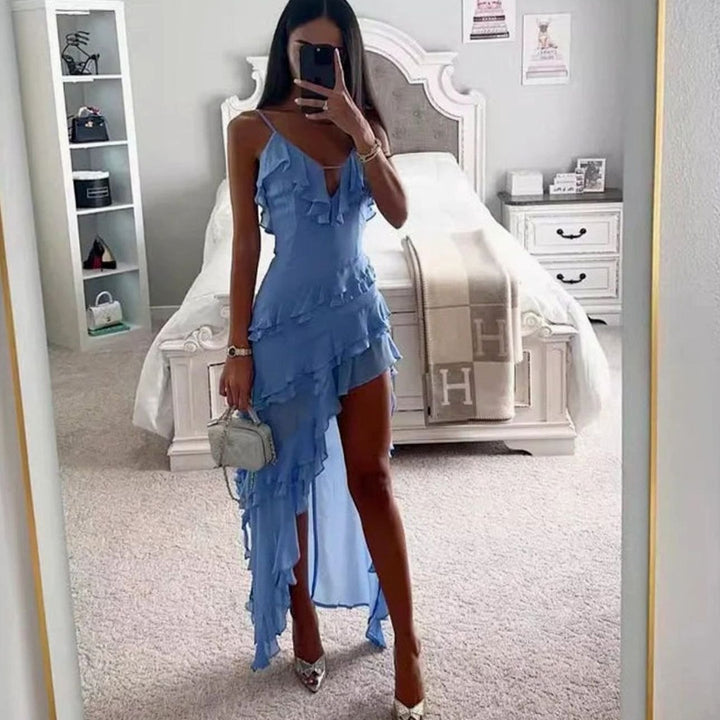 Women's Ruffle Asymmetric Hem Spaghetti Strap Party Dress - Blue