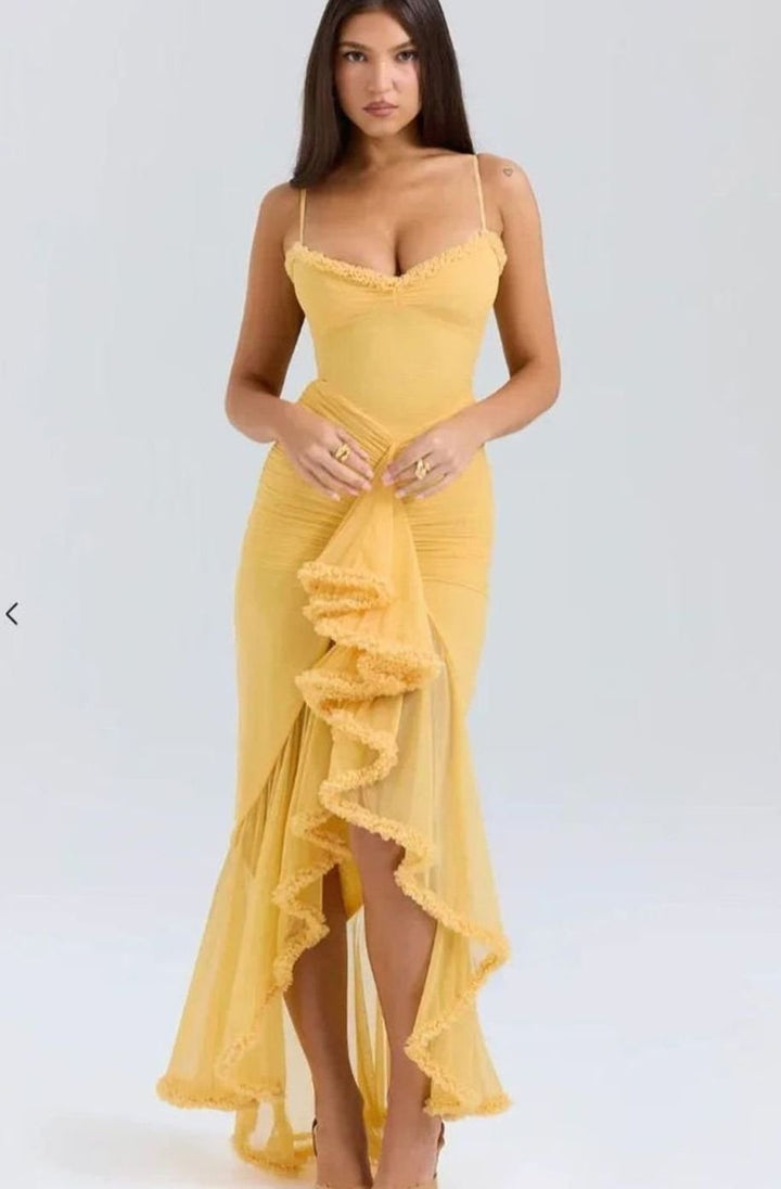 Women's Ruffle Midi Dress Spaghetti Strap High-Low Gown