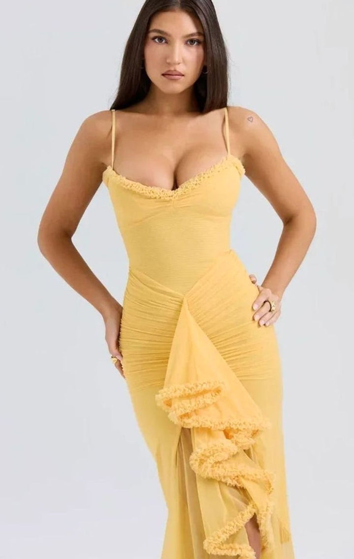 Women's Ruffle Midi Dress Spaghetti Strap High-Low Gown