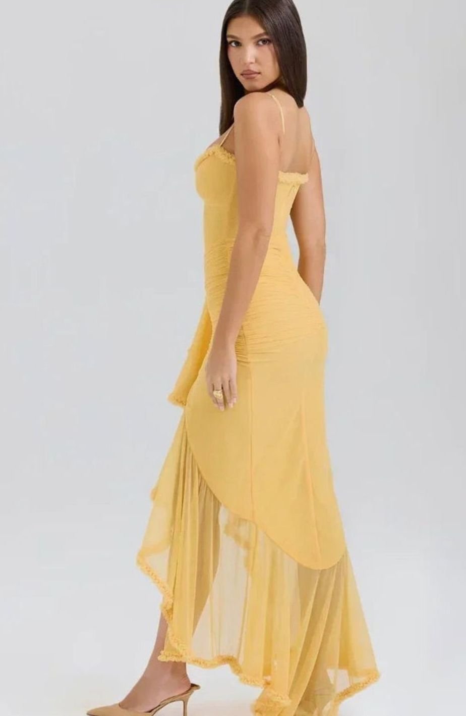 Women's Ruffle Midi Dress Spaghetti Strap High-Low Gown