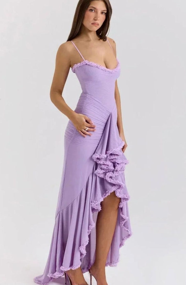 Women's Ruffle Midi Dress Spaghetti Strap High-Low Gown