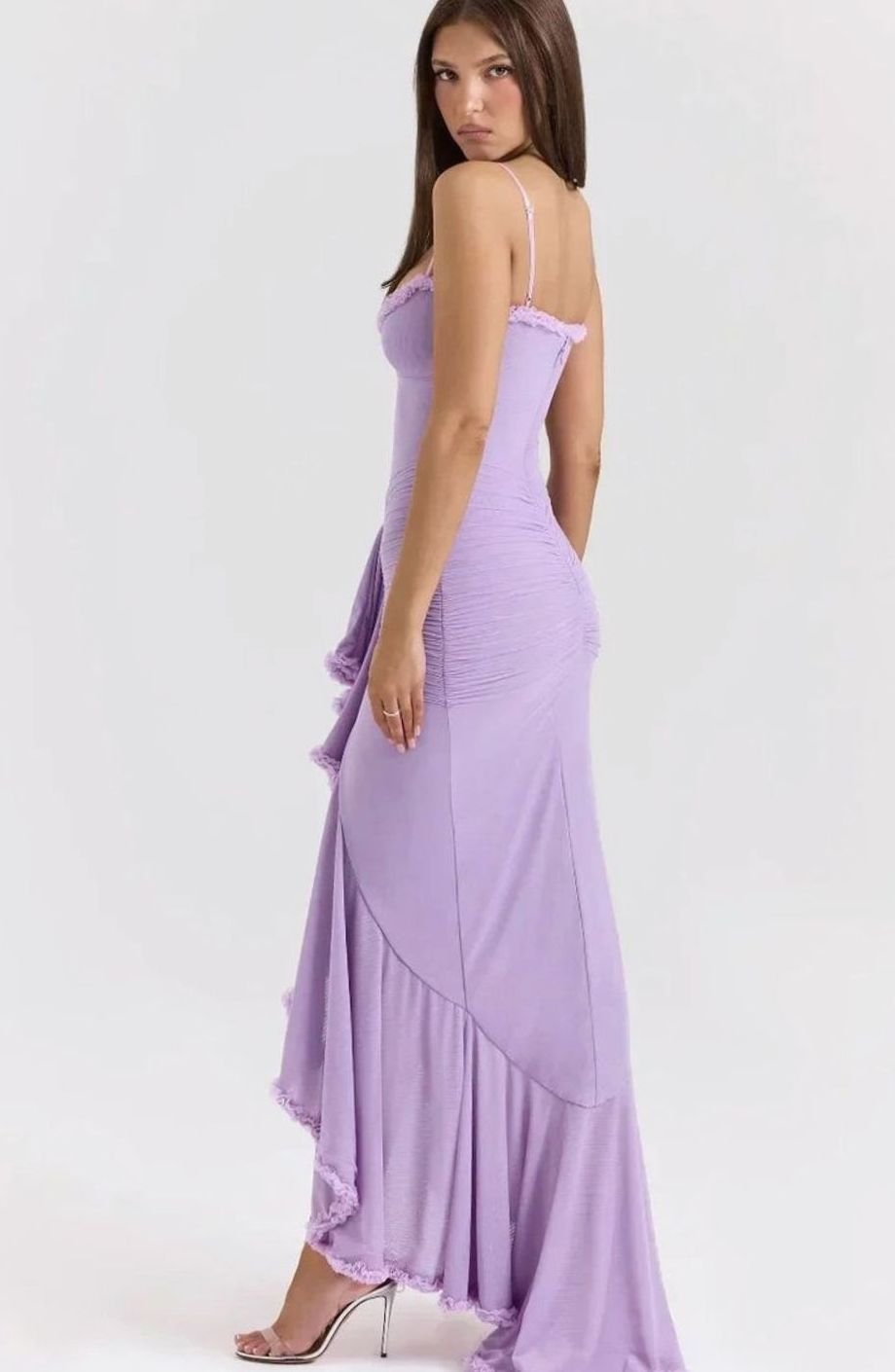 Women's Ruffle Midi Dress Spaghetti Strap High-Low Gown