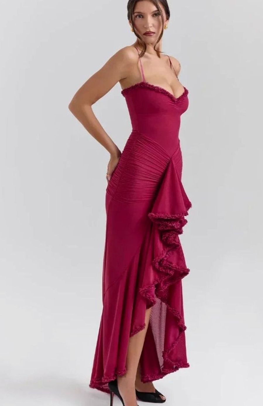Women's Ruffle Midi Dress Spaghetti Strap High-Low Gown