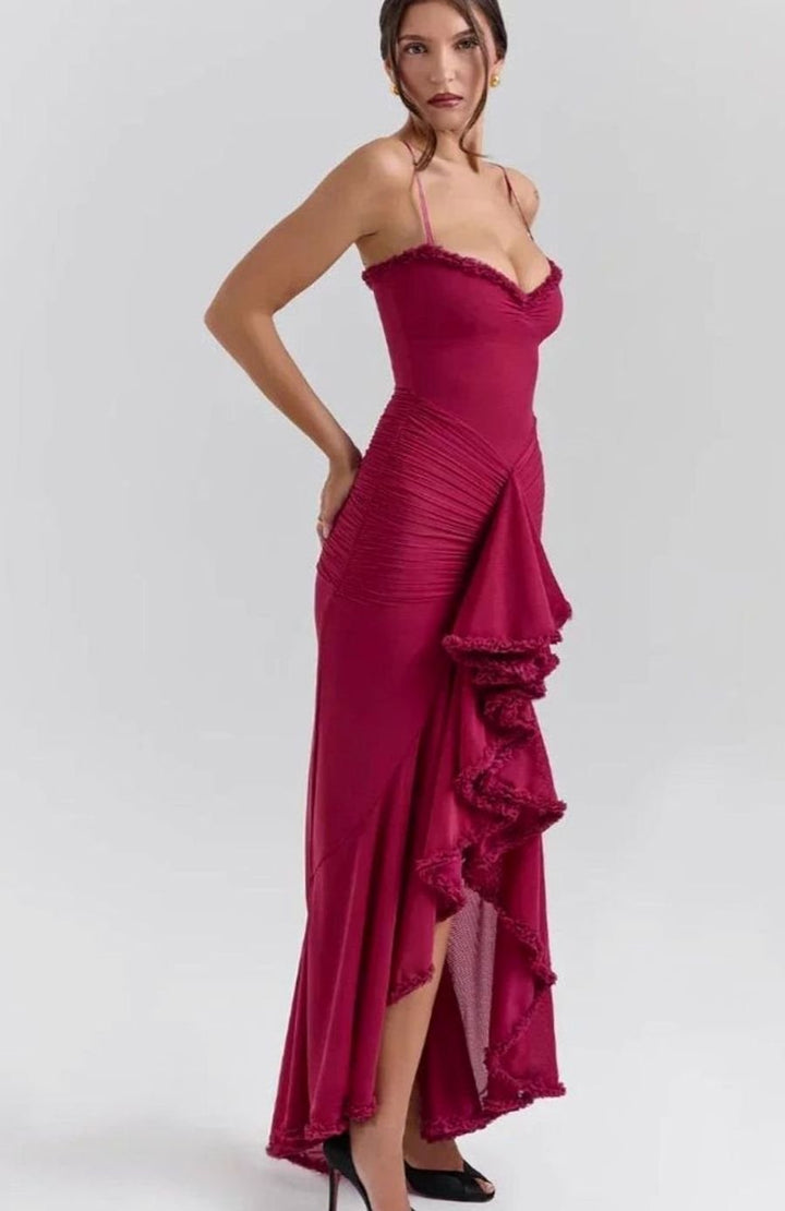 Women's Ruffle Midi Dress Spaghetti Strap High-Low Gown