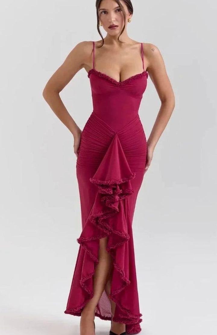 Women's Ruffle Midi Dress Spaghetti Strap High-Low Gown