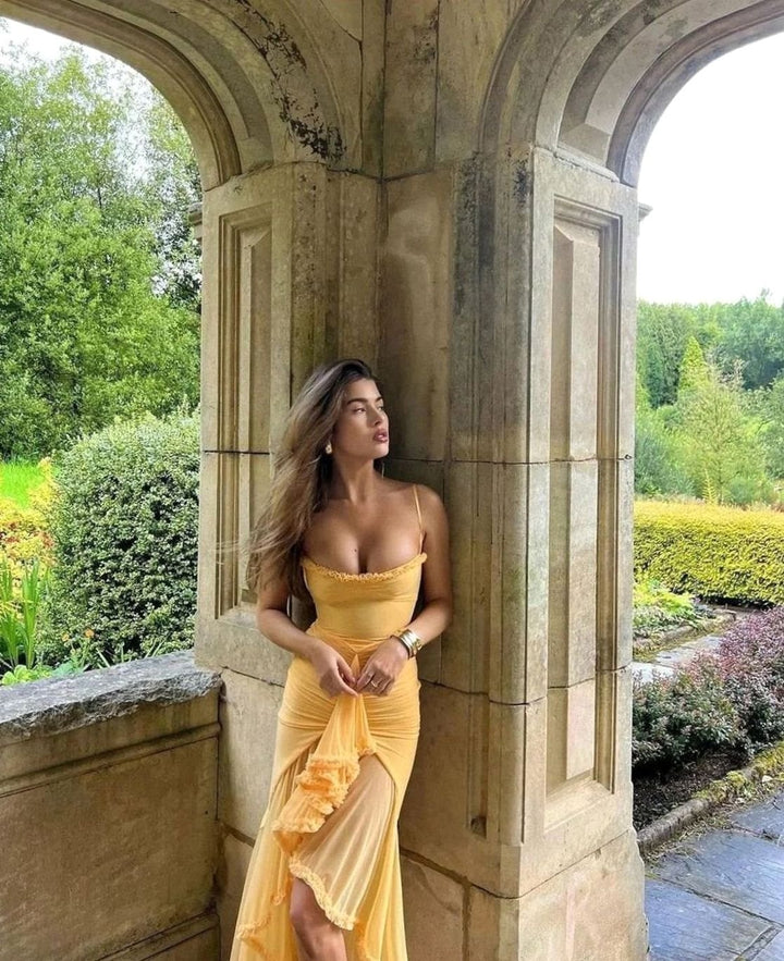 Women's Ruffle Midi Dress Spaghetti Strap High-Low Gown, Yellow