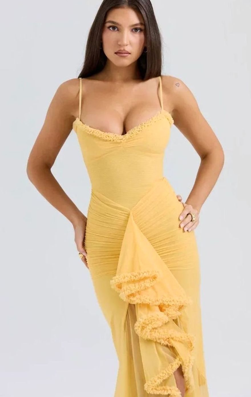 Women's Ruffle Midi Dress Spaghetti Strap High-Low Gown, Yellow