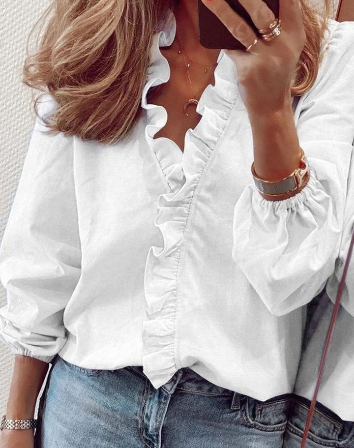 Women's Ruffle V-Neck Puff-Sleeve Long-Sleeve Blouse