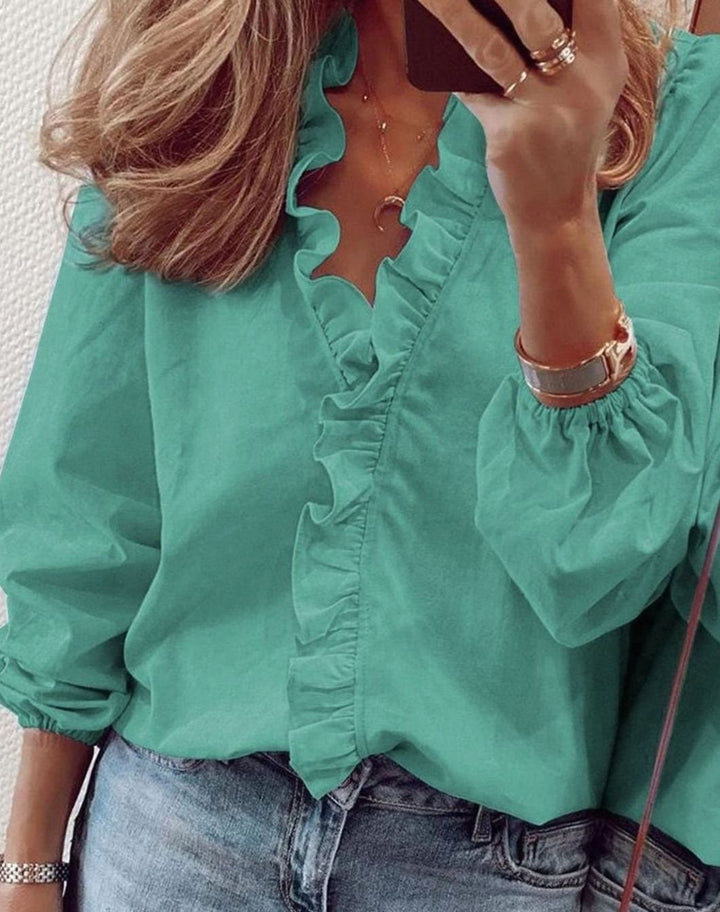Women's Ruffle V-Neck Puff-Sleeve Long-Sleeve Blouse