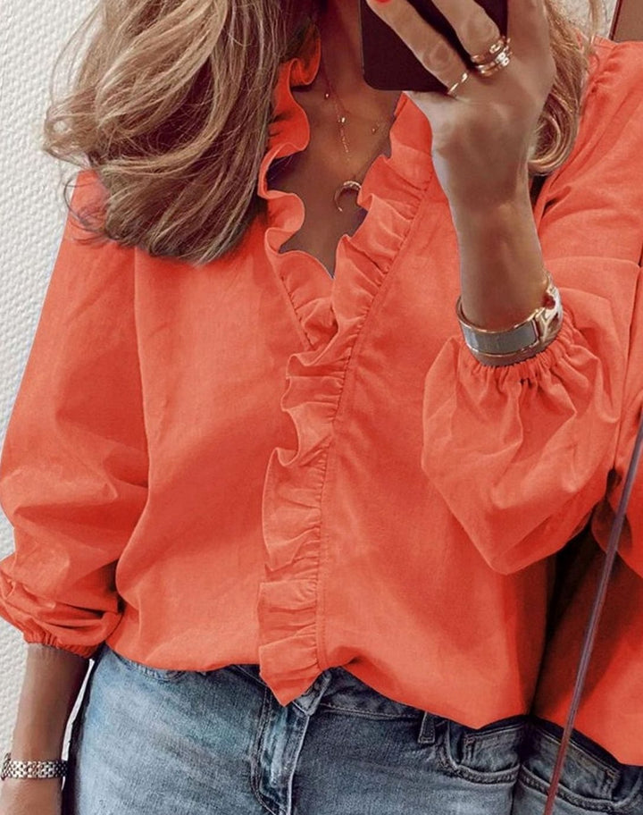 Women's Ruffle V-Neck Puff-Sleeve Long-Sleeve Blouse