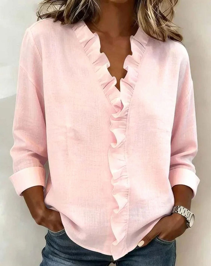 Women's Ruffled V-Neck Long-Sleeve Relaxed Blouse - Pink