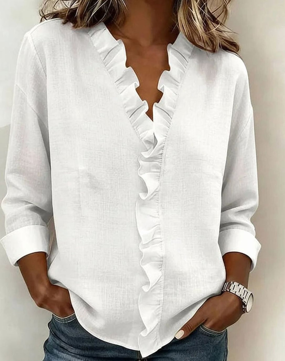 Women's Ruffled V-Neck Long-Sleeve Relaxed Blouse - White