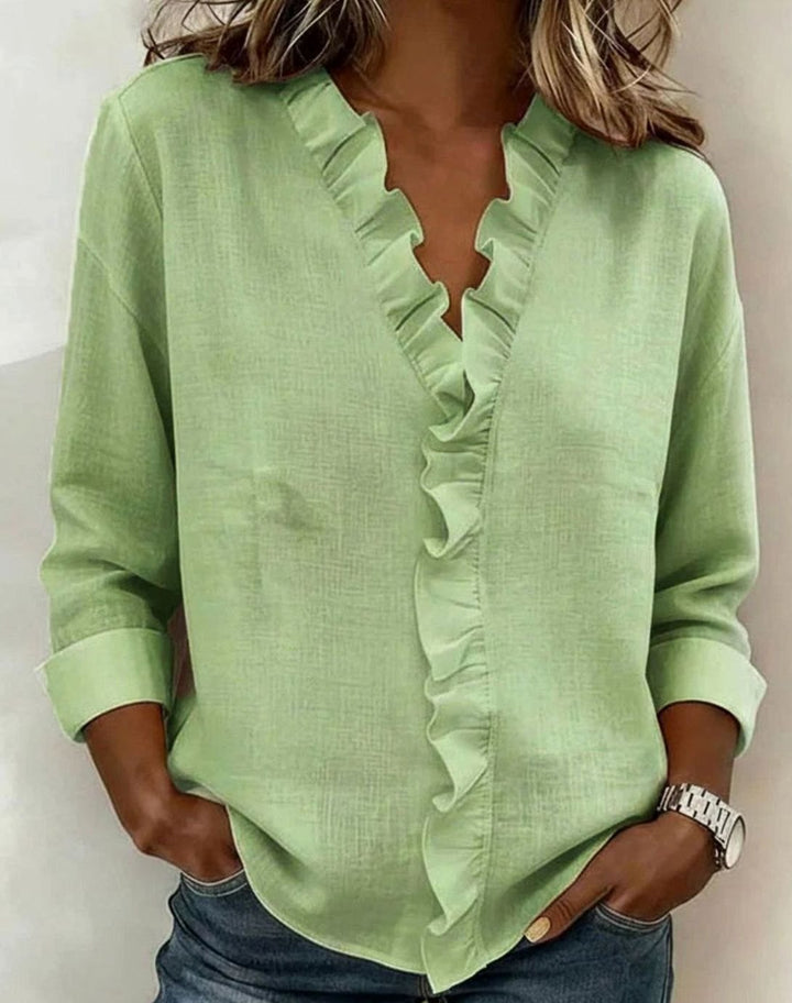 Women's Ruffled V-Neck Long-Sleeve Relaxed Blouse - Green