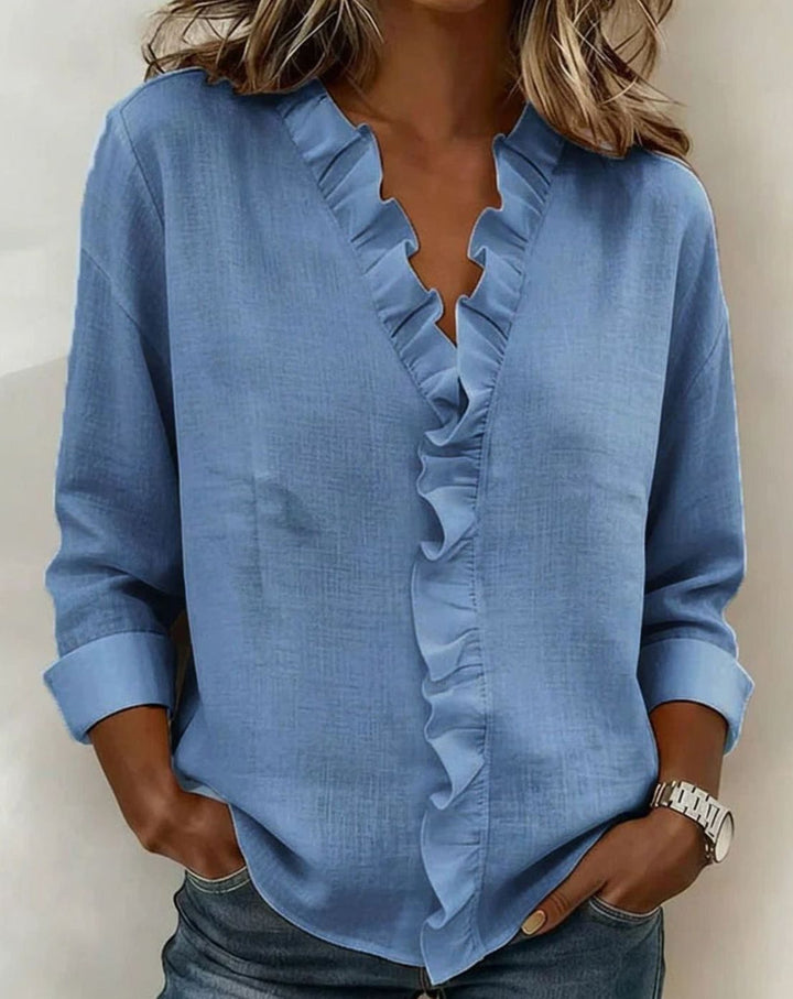 Women's Ruffled V-Neck Long-Sleeve Relaxed Blouse - Blue