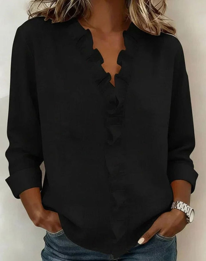 Women's Ruffled V-Neck Long-Sleeve Relaxed Blouse - Black