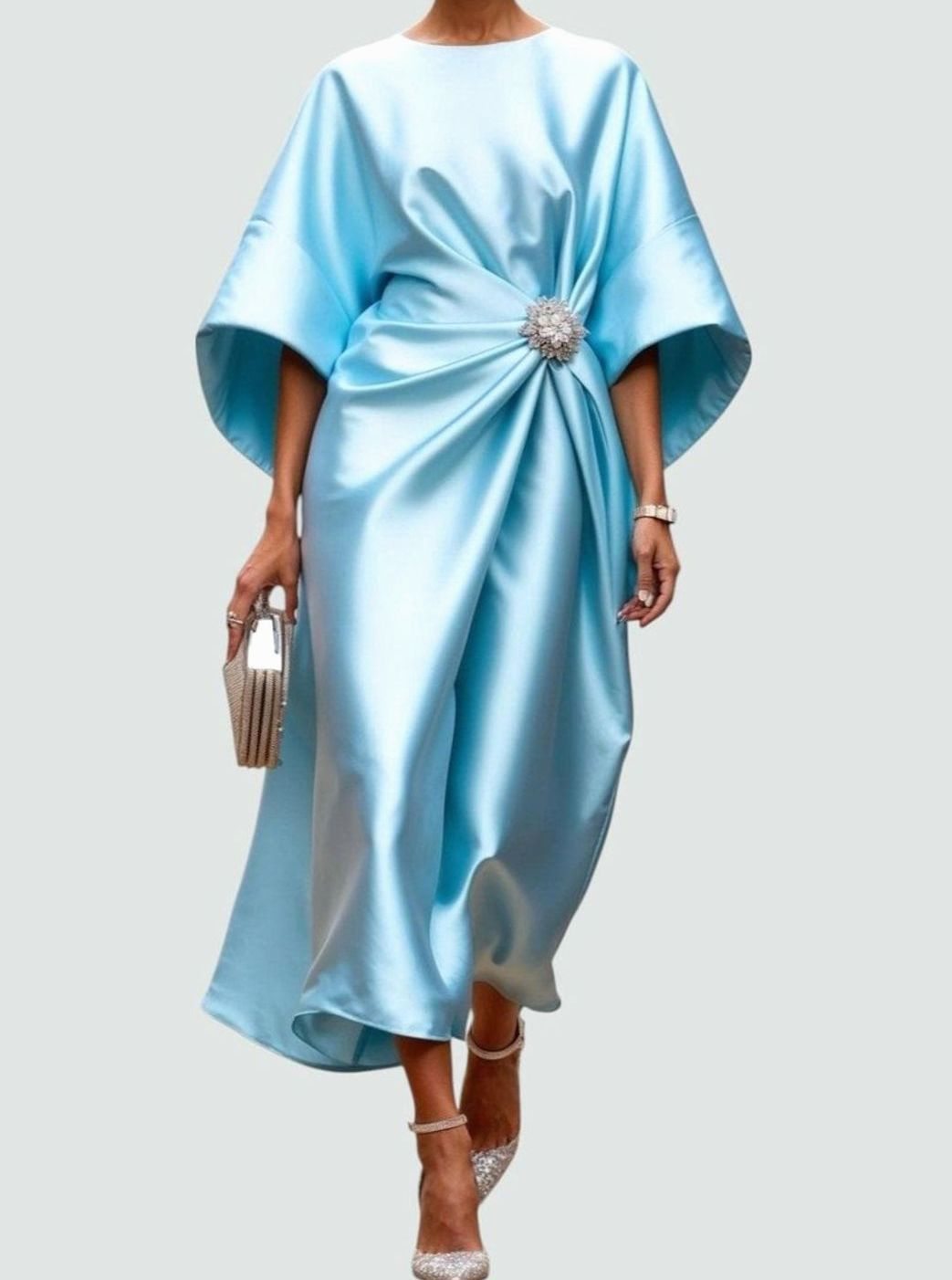 Women's Satin Batwing Draped Boat-Neck Midi Dress