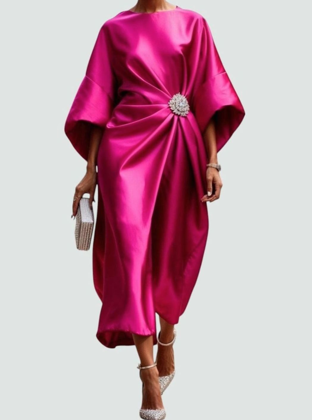 Women's Satin Batwing Draped Boat-Neck Midi Dress