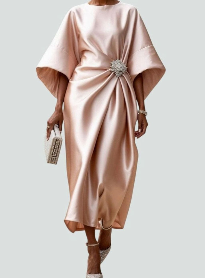Women's Satin Batwing Draped Boat-Neck Midi Dress