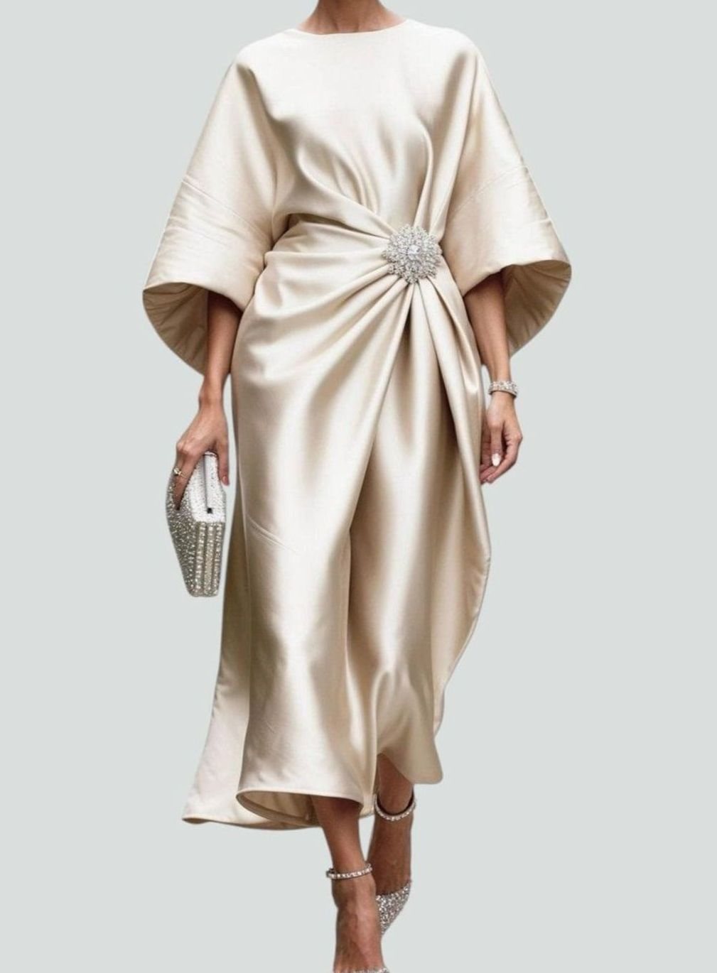 Women's Satin Batwing Draped Boat-Neck Midi Dress