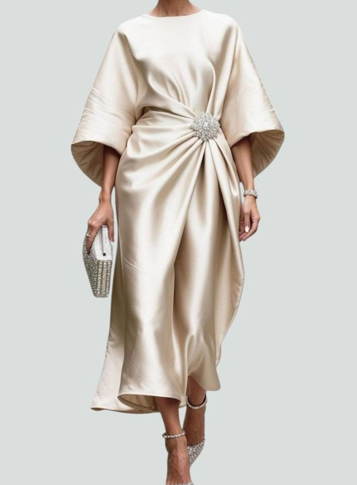 Women's Satin Batwing Draped Boat-Neck Midi Dress