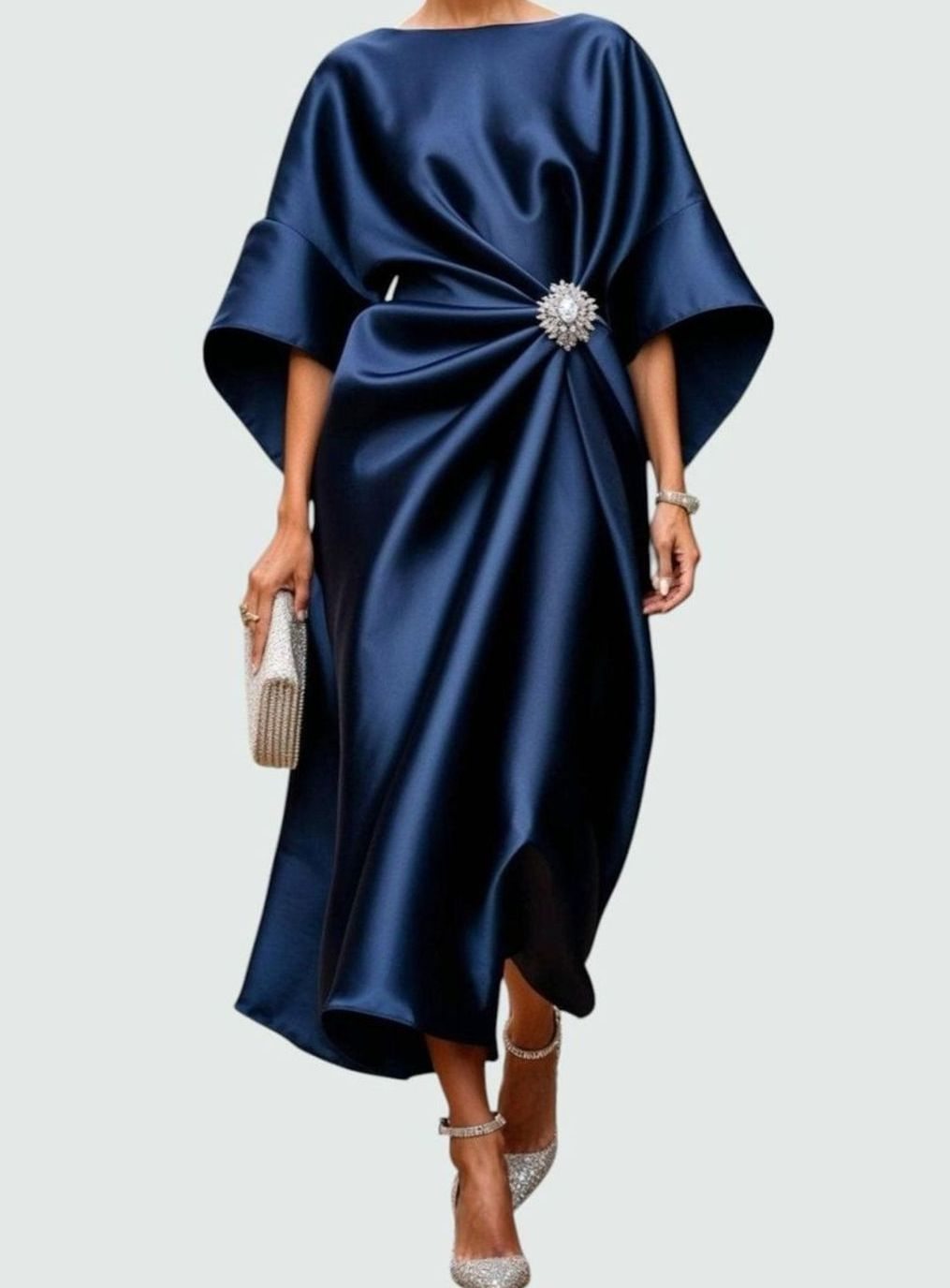 Women's Satin Batwing Draped Boat-Neck Midi Dress, Navy Blue