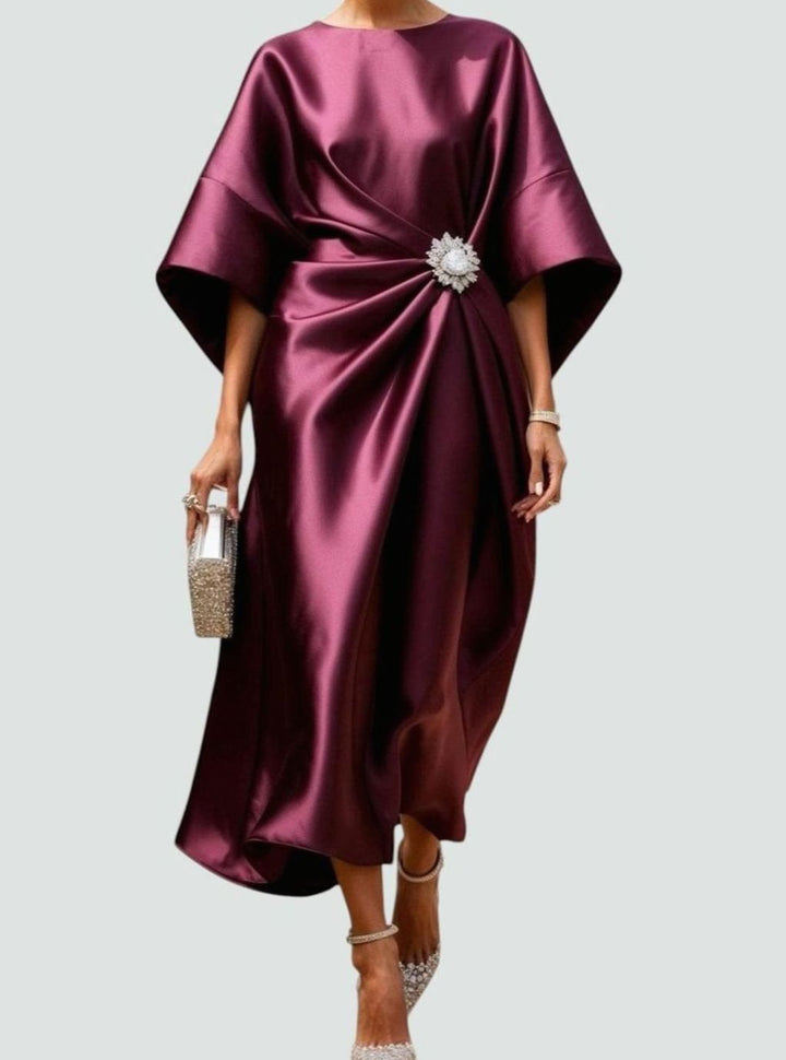 Women's Satin Batwing Draped Boat-Neck Midi Dress, Navy Blue