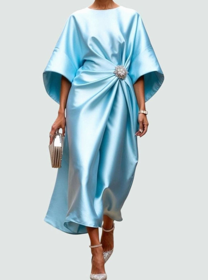 Women's Satin Batwing Draped Boat-Neck Midi Dress, Navy Blue