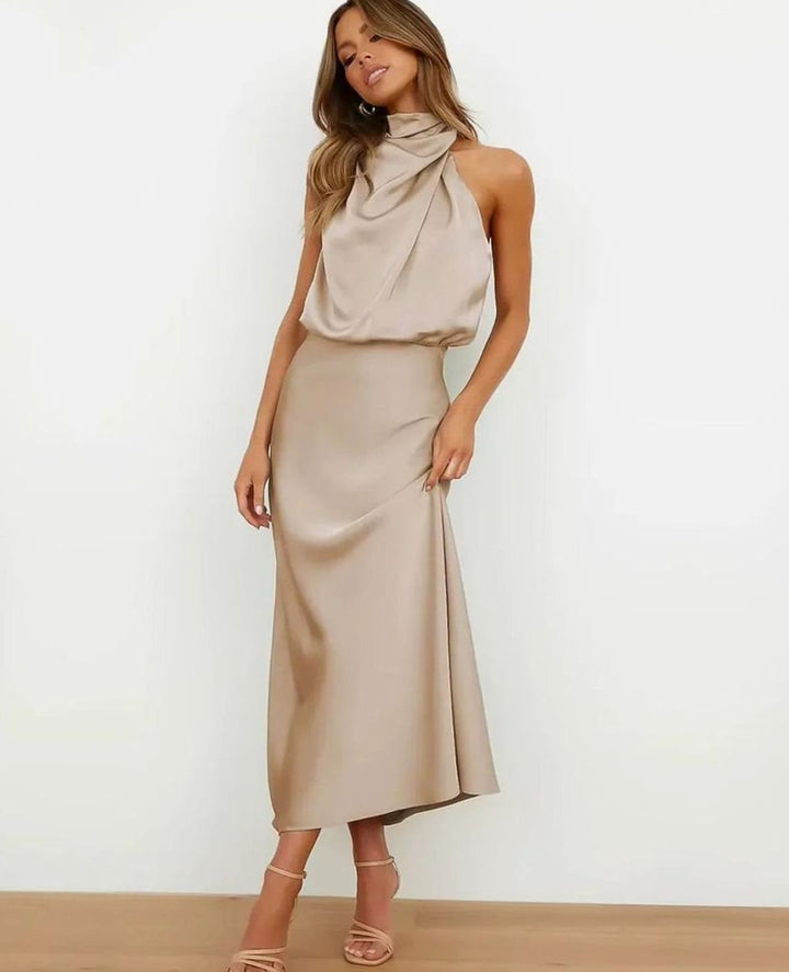 Women's Satin Cowl Halter-Neck Draped Fitted Midi Dress