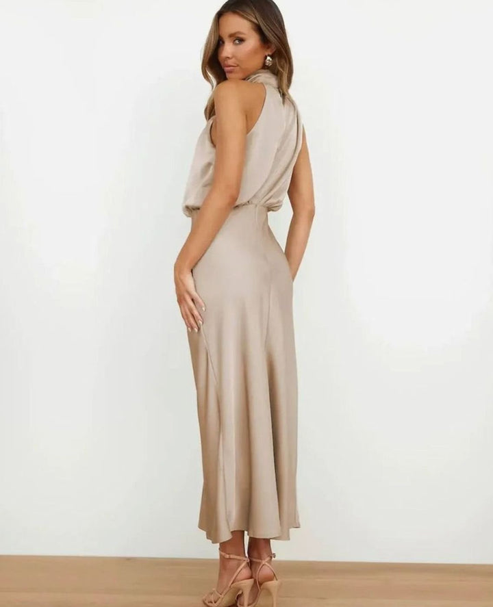 Women's Satin Cowl Halter-Neck Draped Fitted Midi Dress