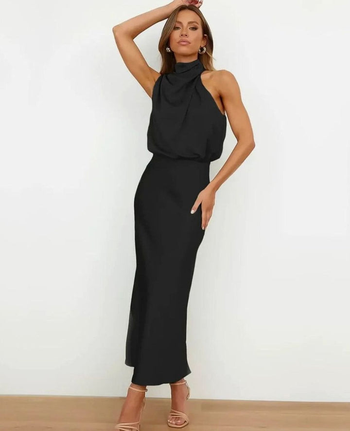 Women's Satin Cowl Halter-Neck Draped Fitted Midi Dress