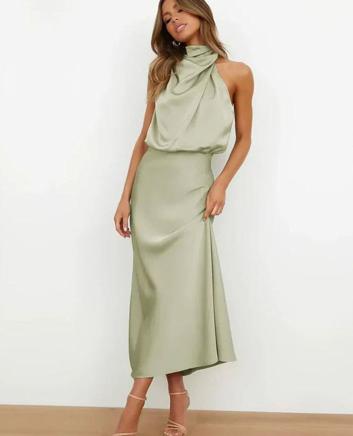 Women's Satin Cowl Halter-Neck Draped Fitted Midi Dress