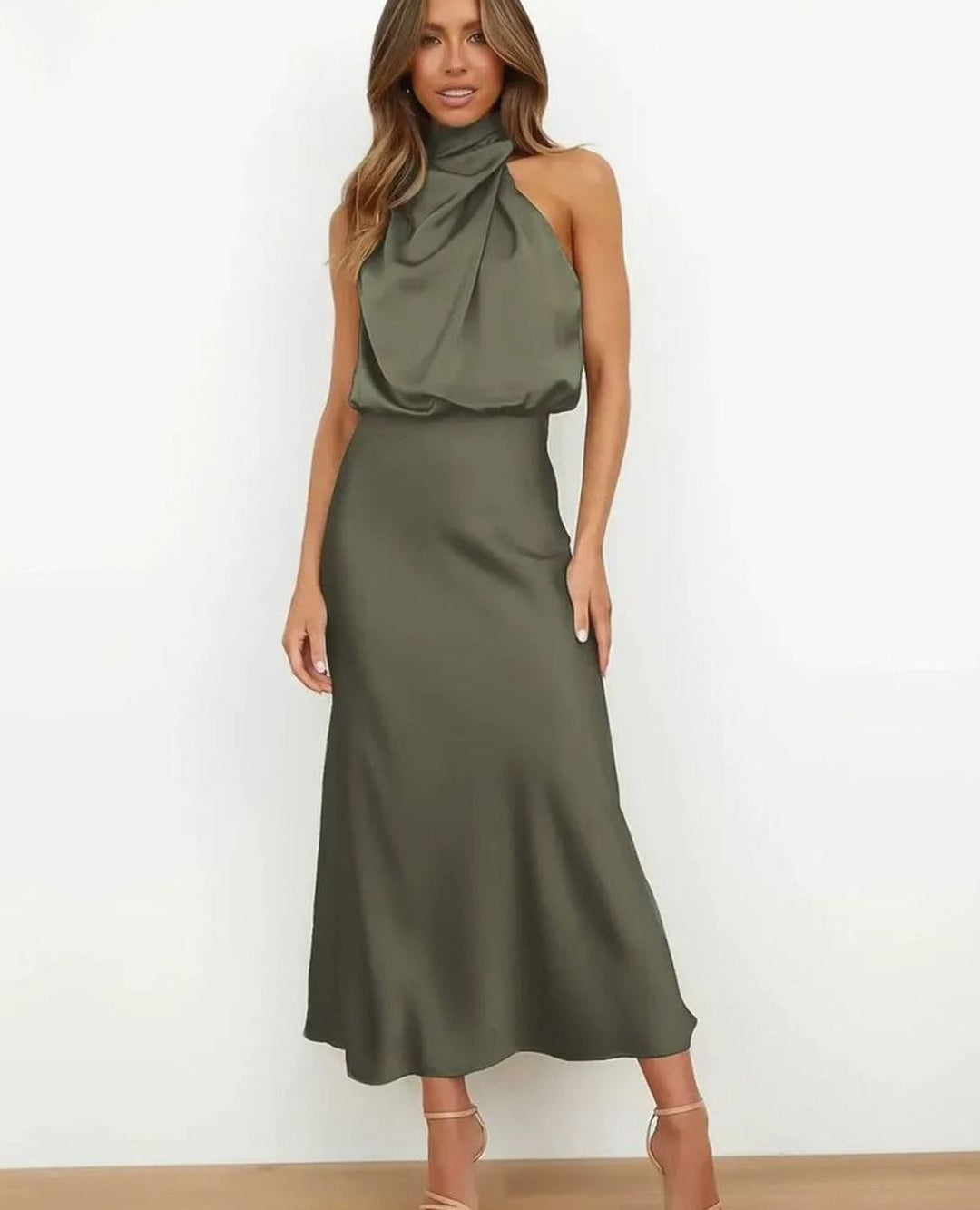 Women's Satin Cowl Halter-Neck Draped Fitted Midi Dress