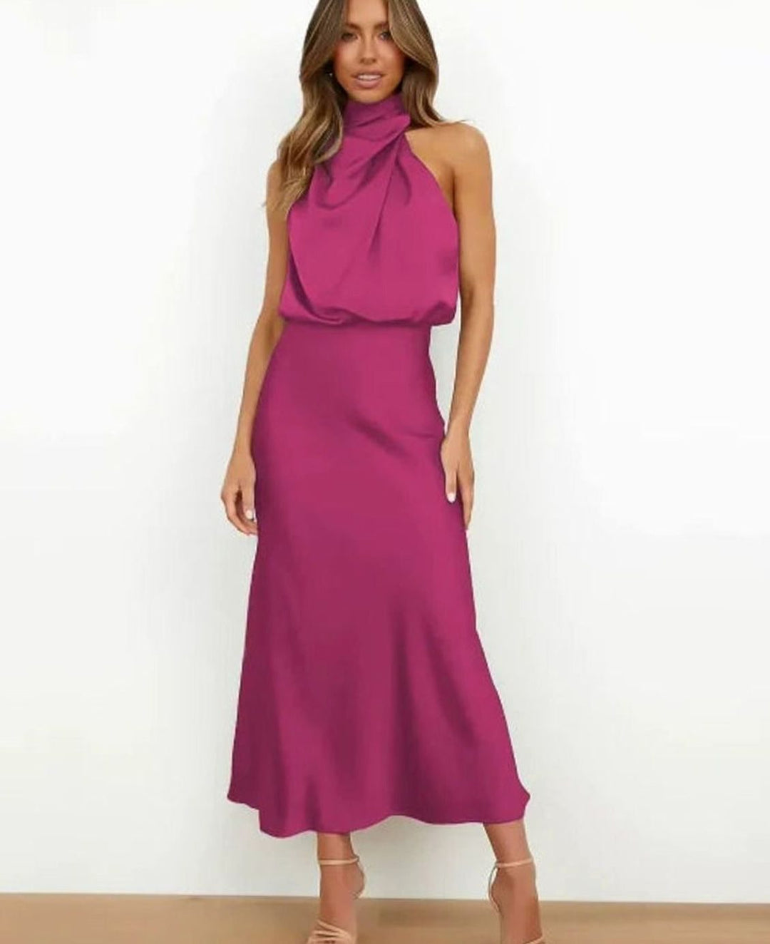 Women's Satin Cowl Halter-Neck Draped Fitted Midi Dress