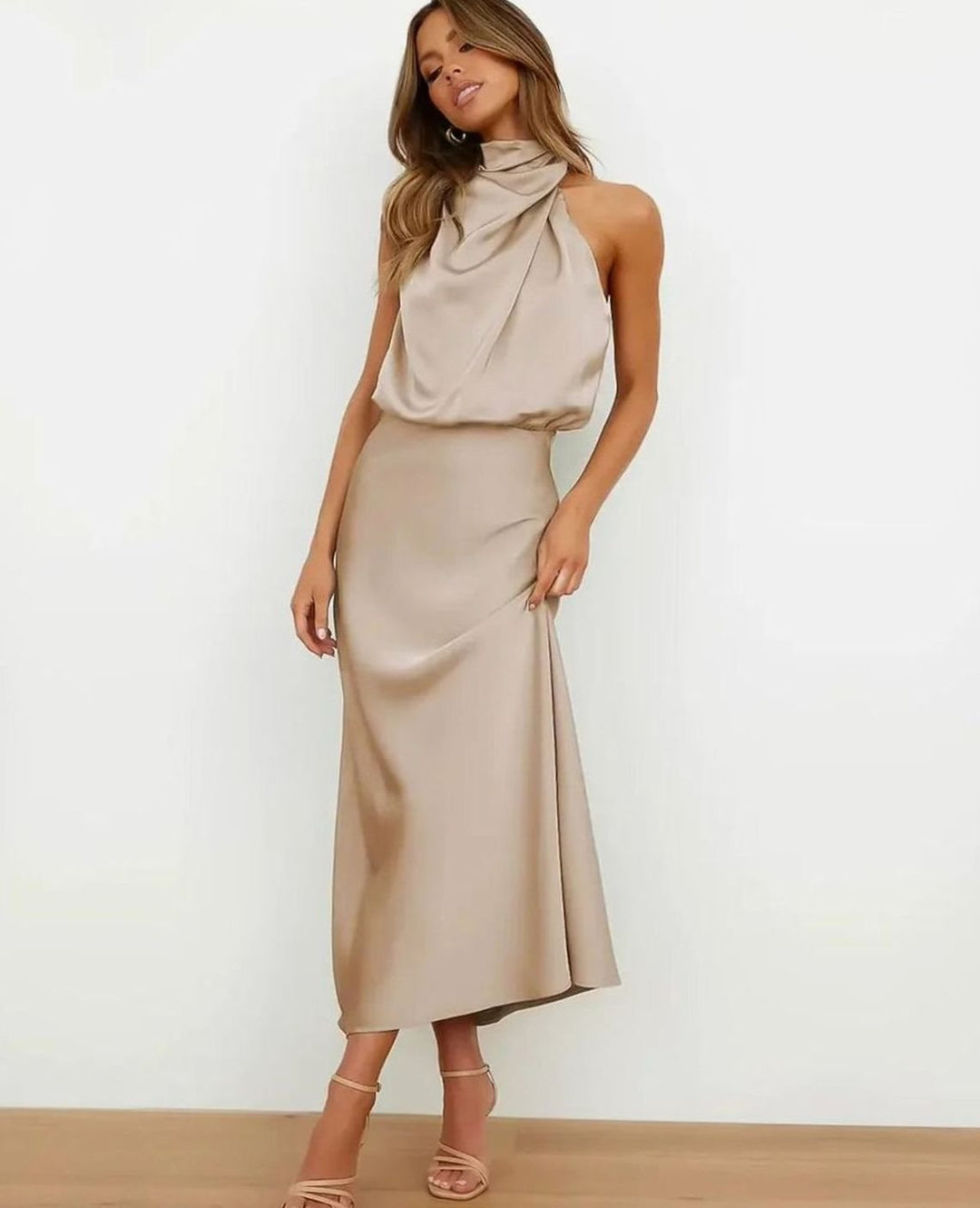Women's Satin Cowl Halter-Neck Draped Fitted Midi Dress, Champagne