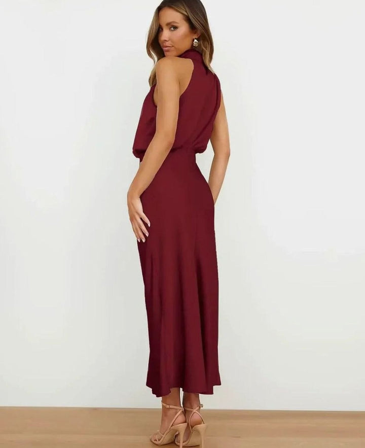 Women's Satin Cowl Halter-Neck Draped Fitted Midi Dress, Champagne