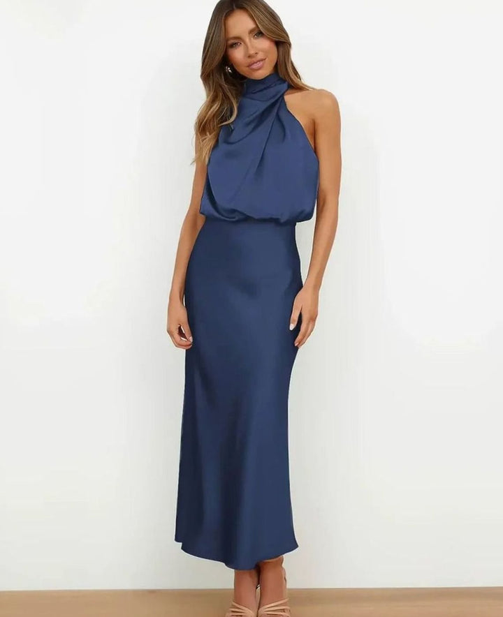 Women's Satin Cowl Halter-Neck Draped Fitted Midi Dress, Champagne