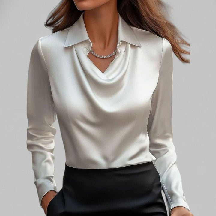 Women's Satin Draped Cowl-Collar Long-Sleeve Blouse