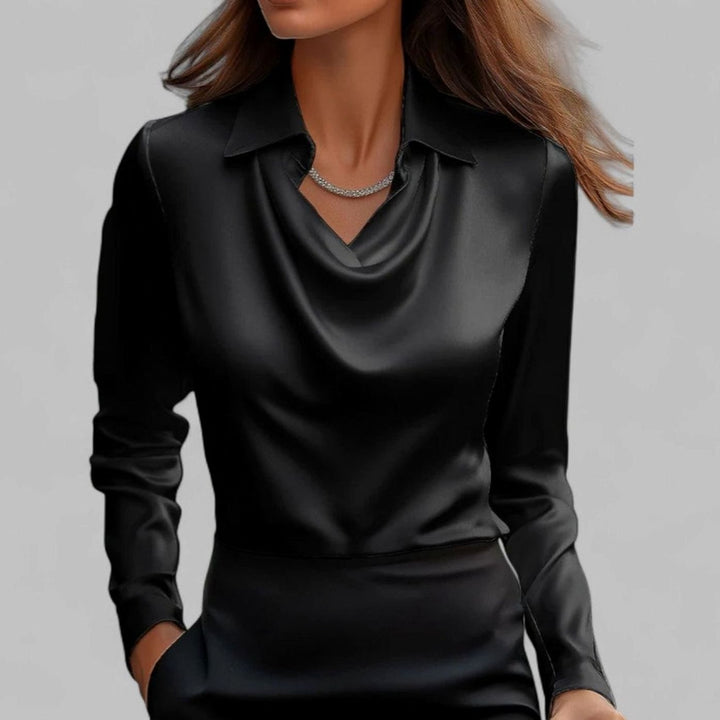 Women's Satin Draped Cowl-Collar Long-Sleeve Blouse